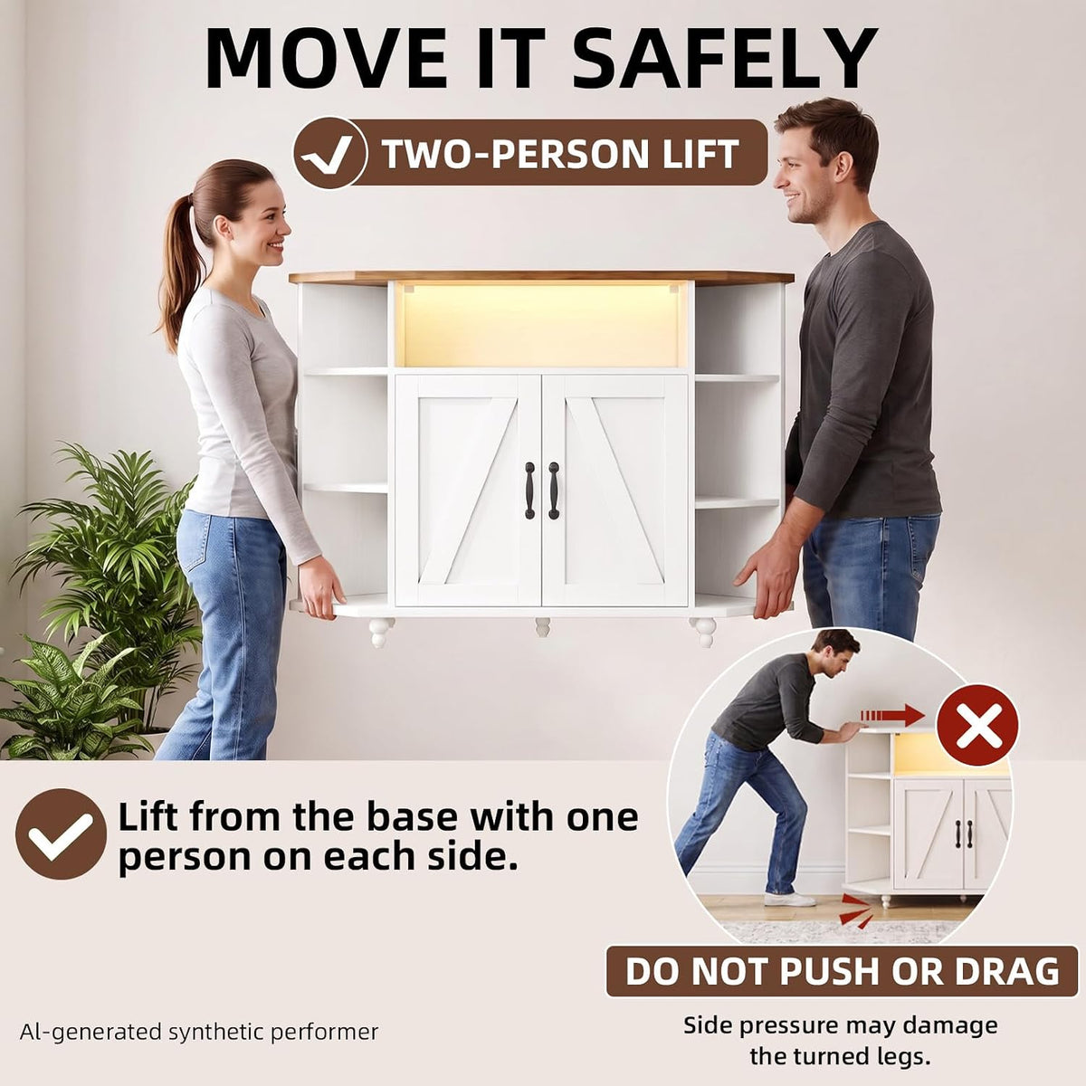 Man and woman lift the TV stand together from the base, demonstrating a two-person carry technique.