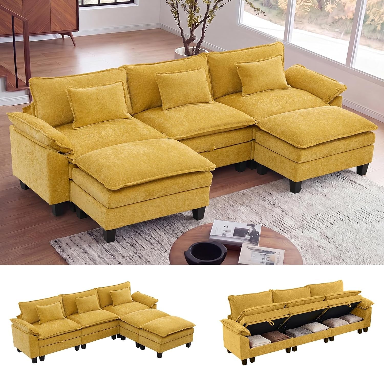 Yellow modular sectional with chaise/ottoman pieces arranged in a bright living room
