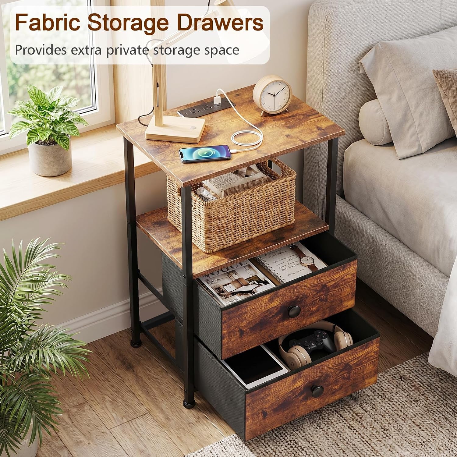 Nightstand staged by a window showing fabric storage drawers open with items inside