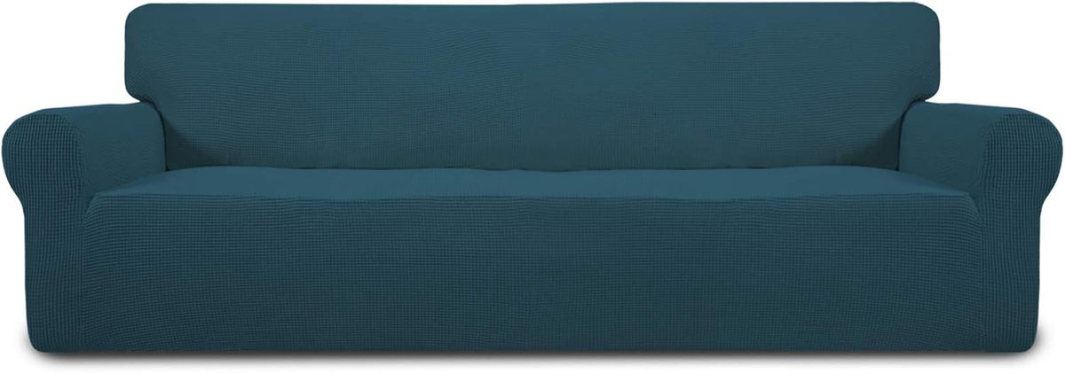 Front view of a three-seat sofa fitted with a smooth teal stretch slipcover