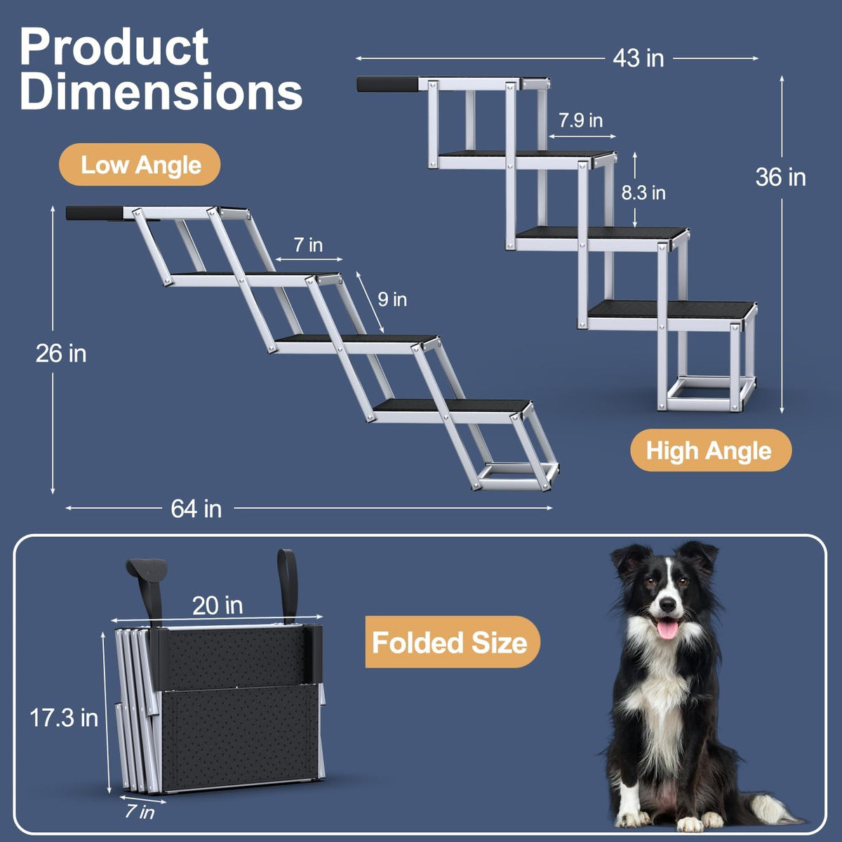 Graphic showing low- and high-angle positions and folded dimensions for the aluminum 4-step dog stairs
