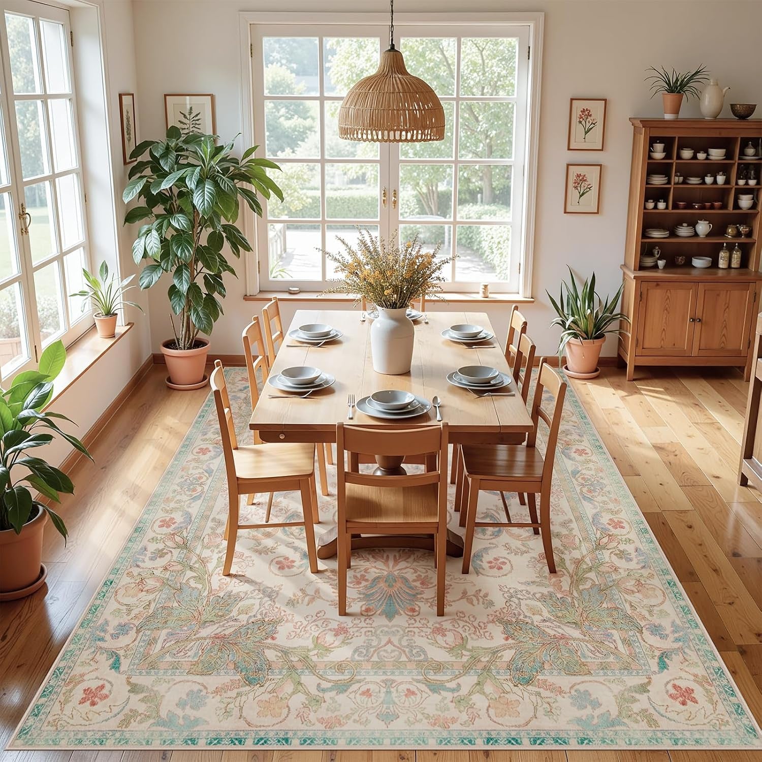 Overhead dining room view with a wooden table set atop a rectangular floral rug with a green-accent border.