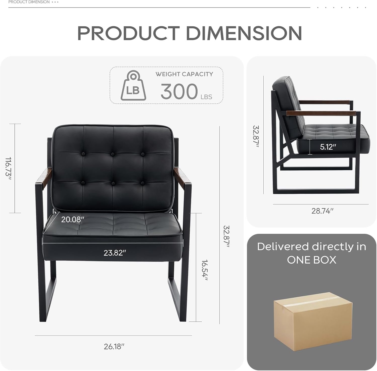 Front and side product dimensions diagram for a black tufted accent chair showing weight capacity callout