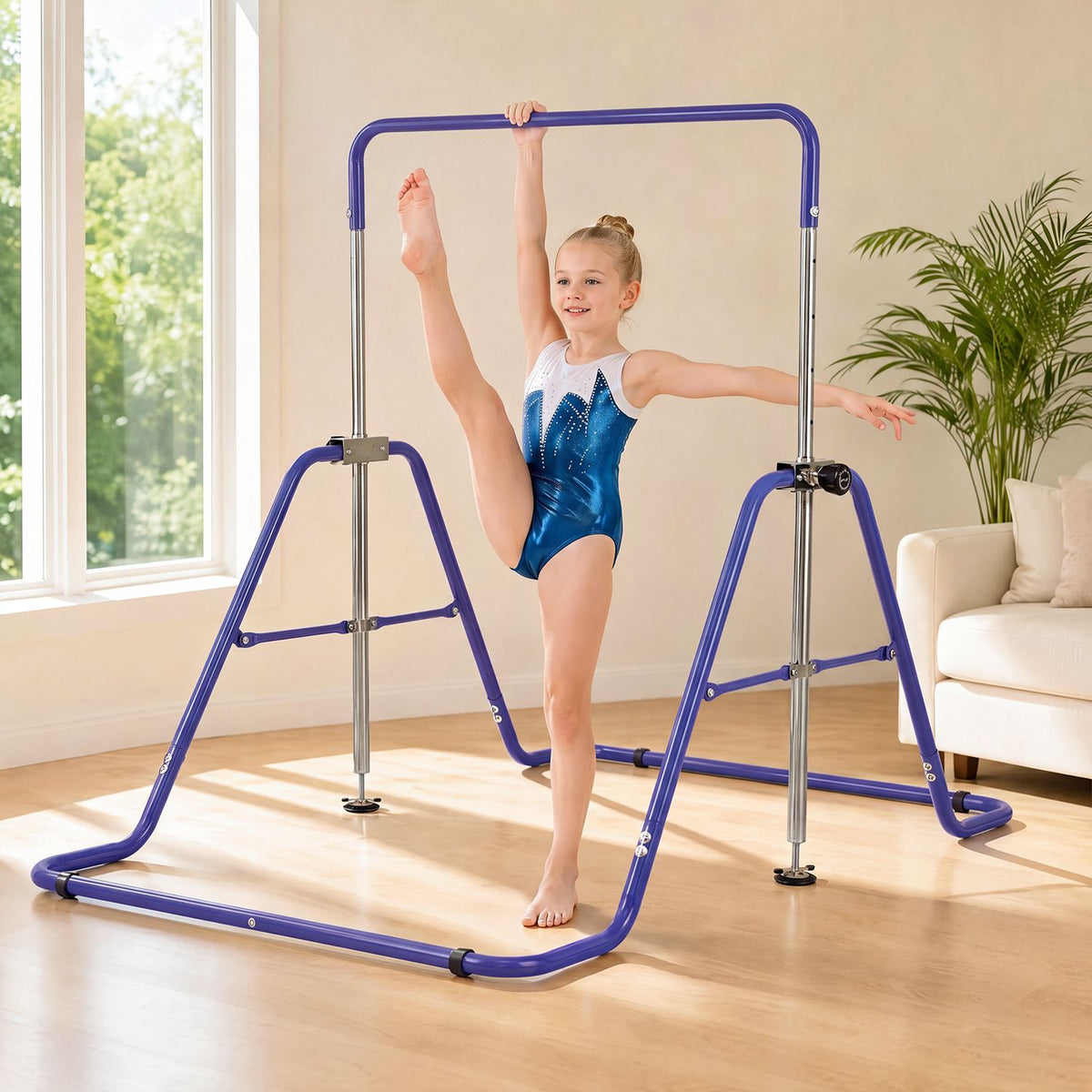 A gymnast stretches one leg beside a purple practice bar in a bright living room.