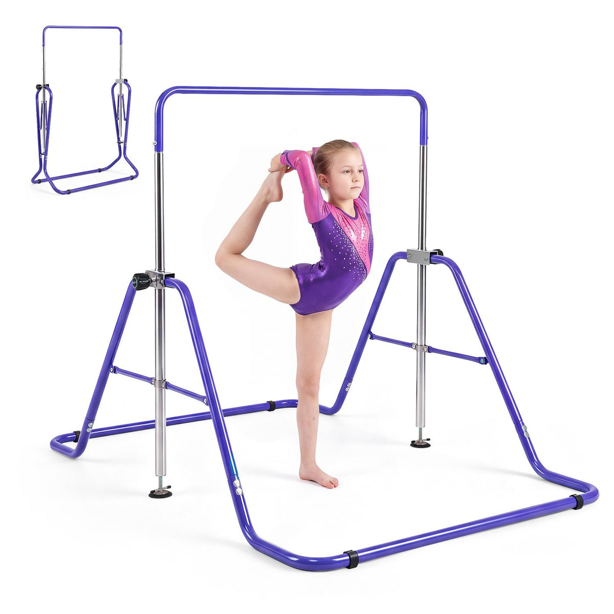 A gymnast poses beside the purple bar on a white background, with a small folded-frame inset.