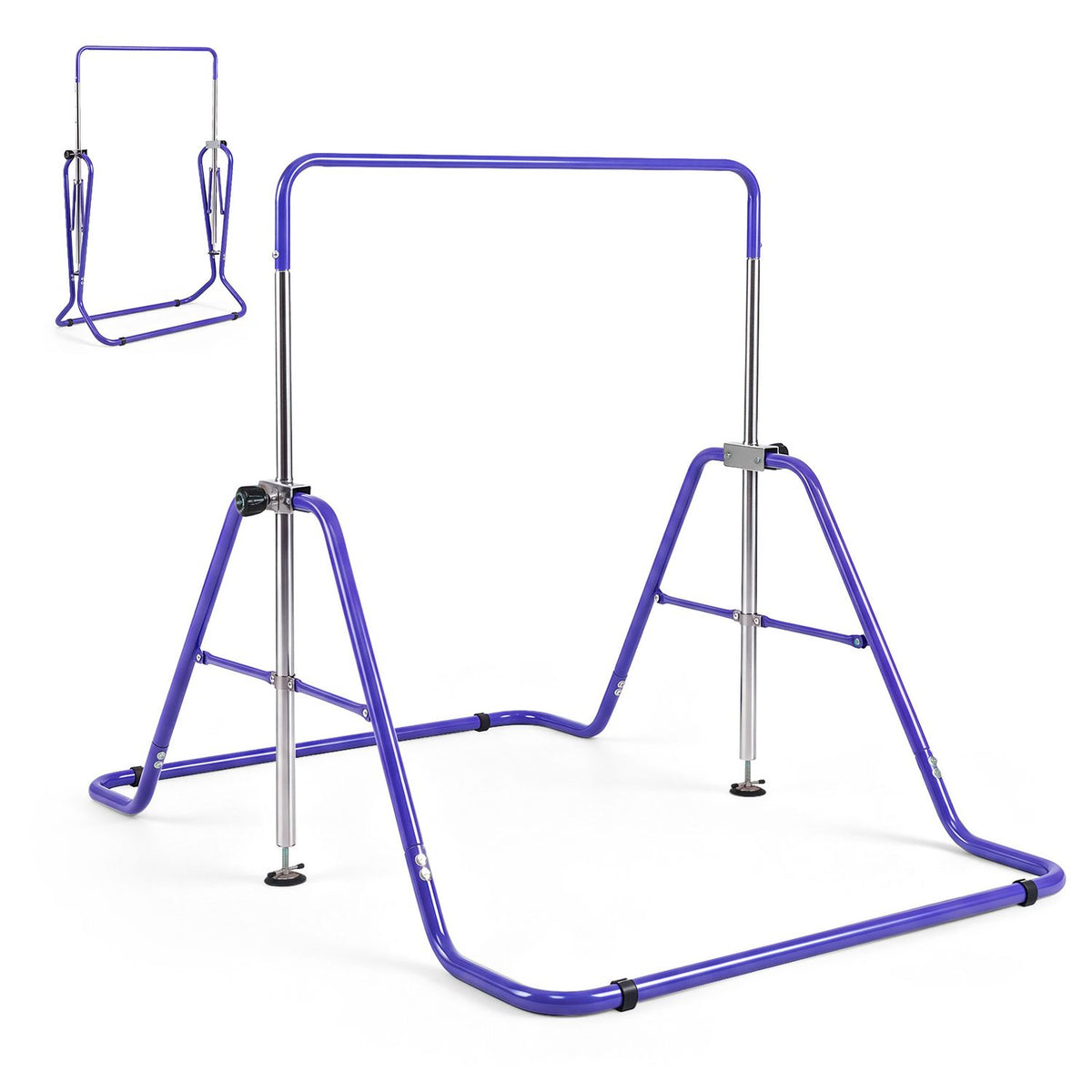 The purple gymnastics bar and its metal supports are shown assembled on a white background.