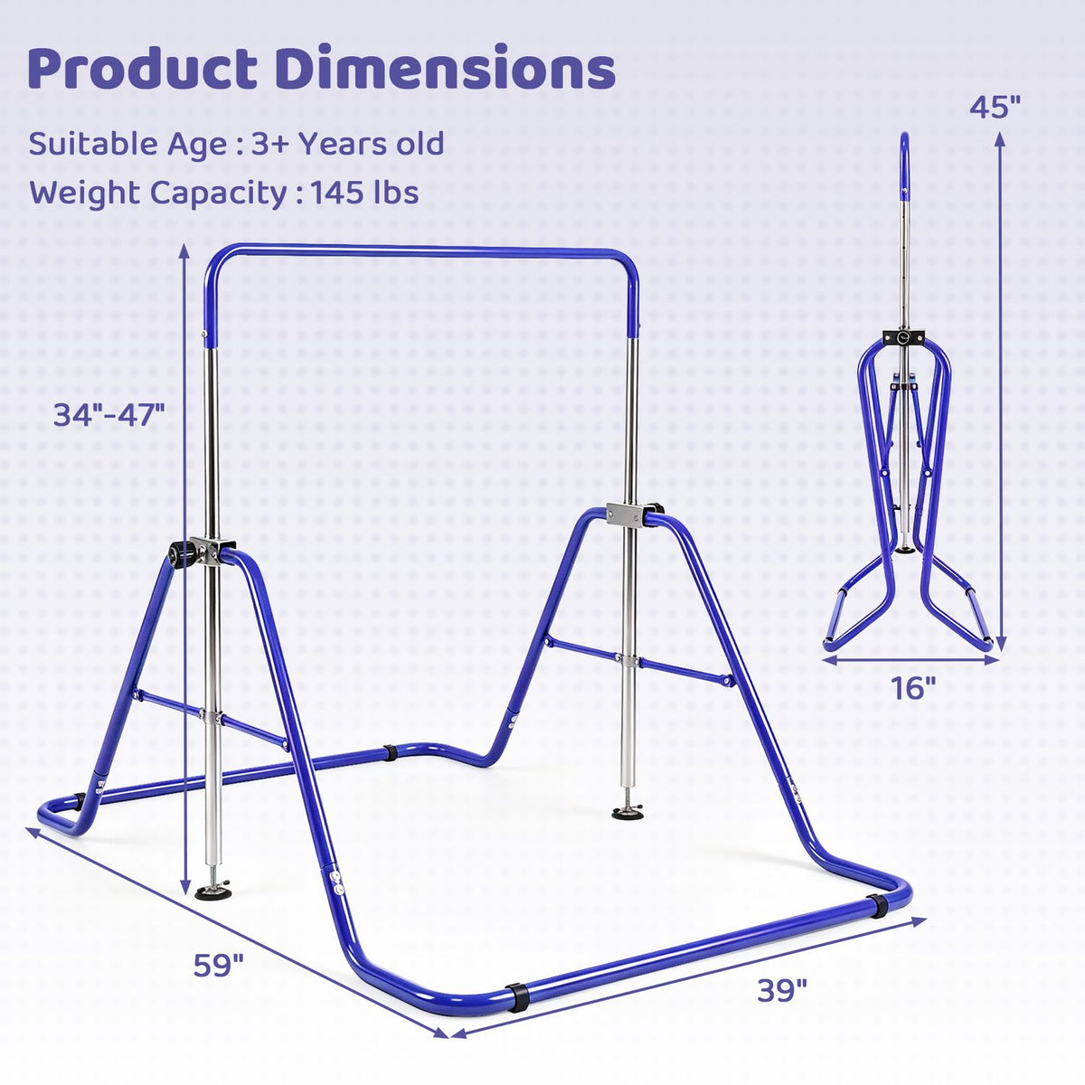 Blue gymnastics bar shown unfolded with a small folded view beside it.