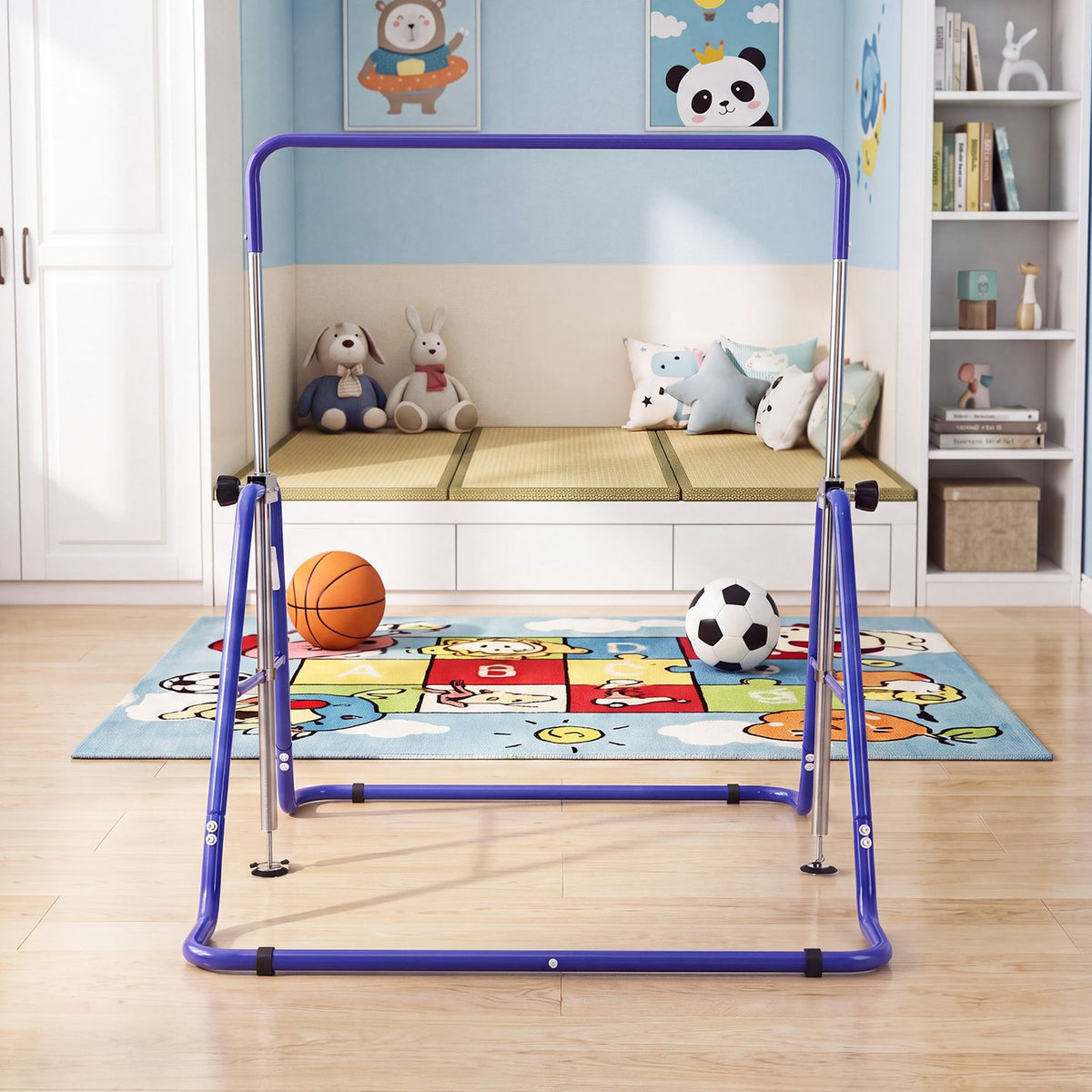 Blue gymnastics bar set up in a colorful children's room with balls and toys nearby.