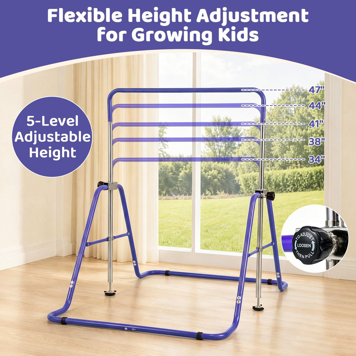Blue gymnastics bar shown at several height positions, with a close-up of its adjustment knob.