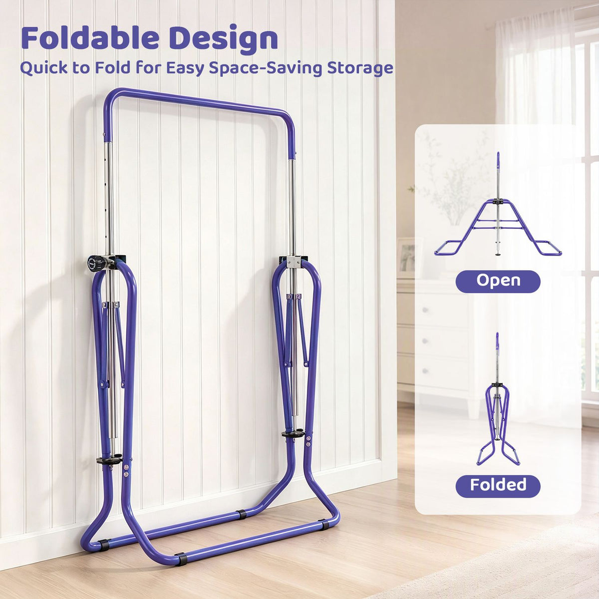 Blue gymnastics bar displayed upright and folded, with open and folded views inset at right.