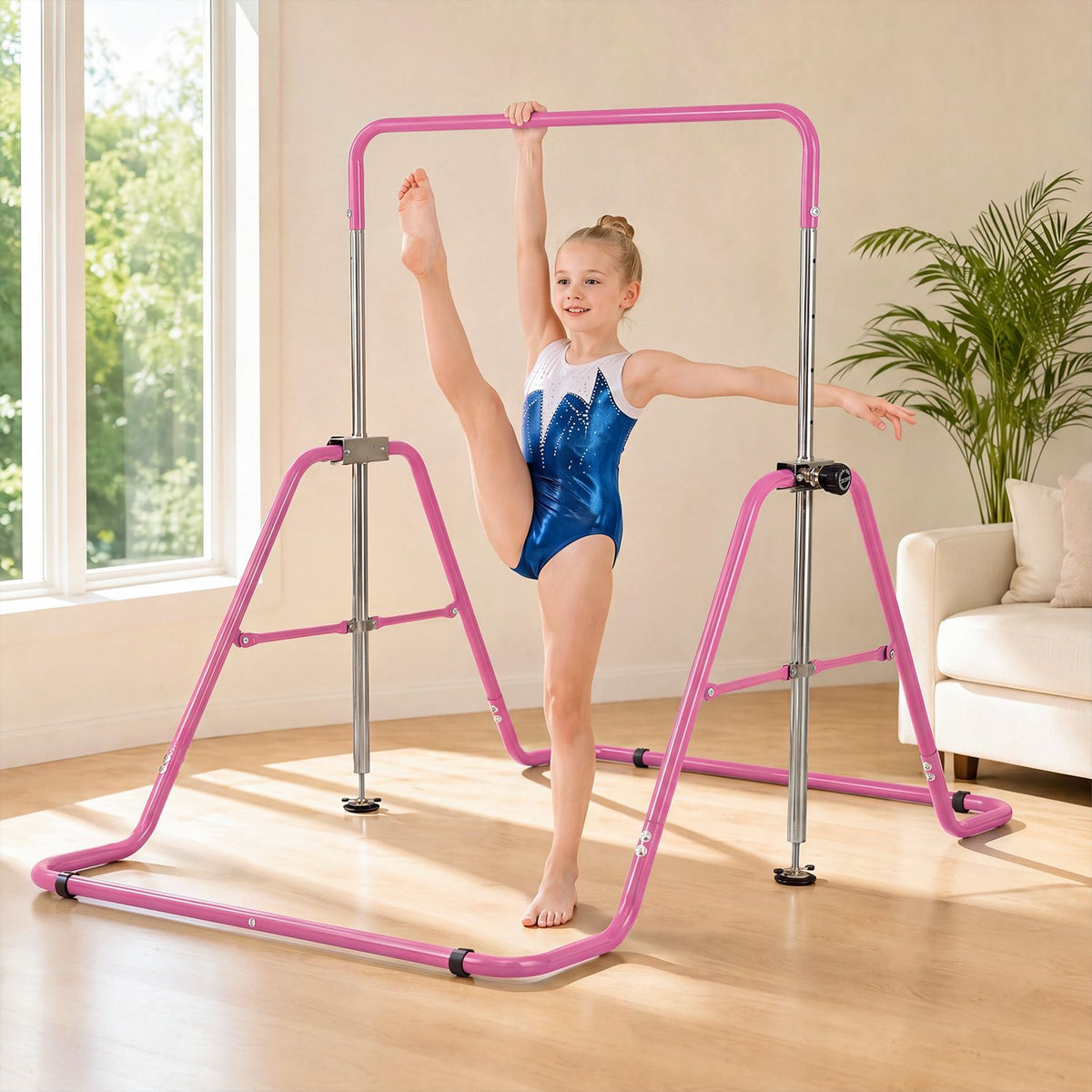 A child practices a balance pose beside a pink gymnastics bar in a bright living room.