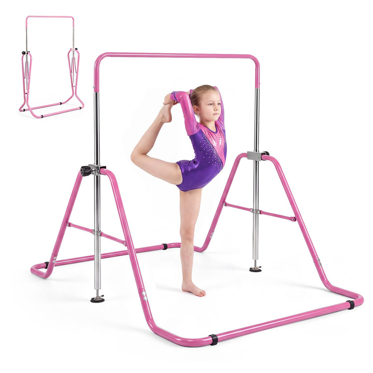 A child stretches beside the pink gymnastics bar; an inset shows its folded frame.