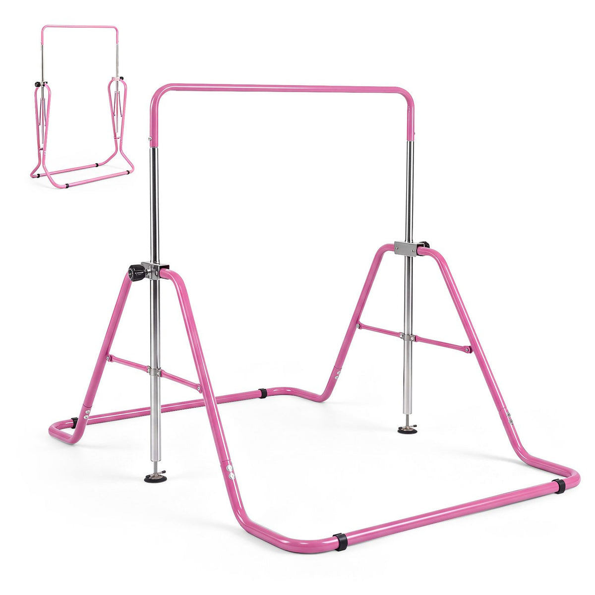 Pink gymnastics bar shown on a white background, with a small inset of its folded frame.