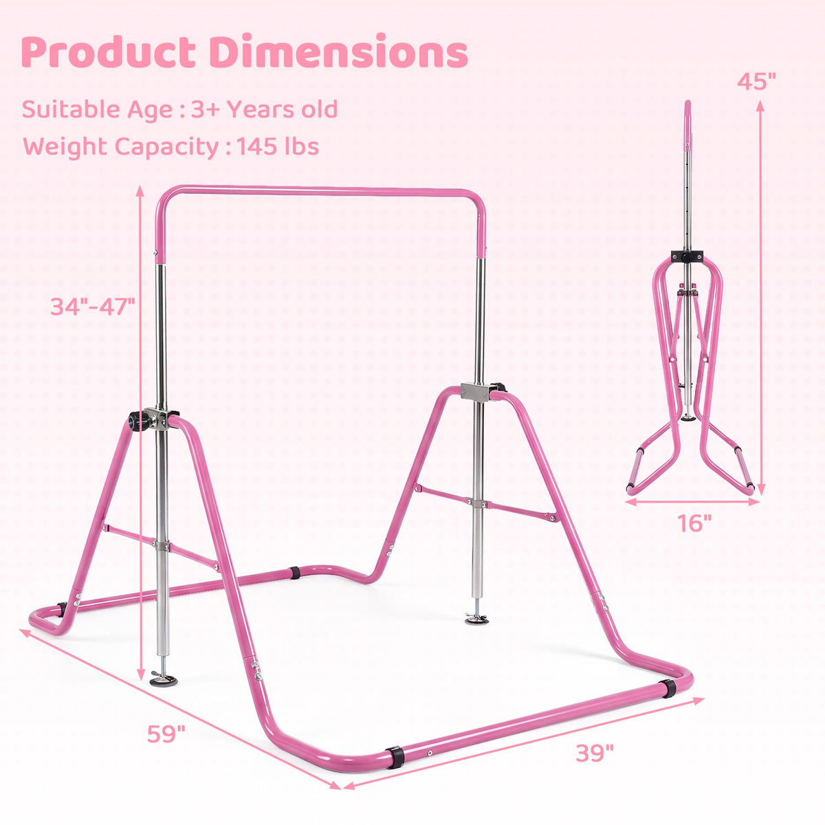 Pink adjustable gymnastics bar shown from the front and folded, with dimension arrows around it.