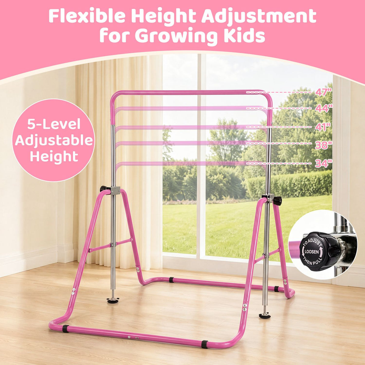 Pink gymnastics bar shown at five height settings, with a close-up of its adjustment knob.