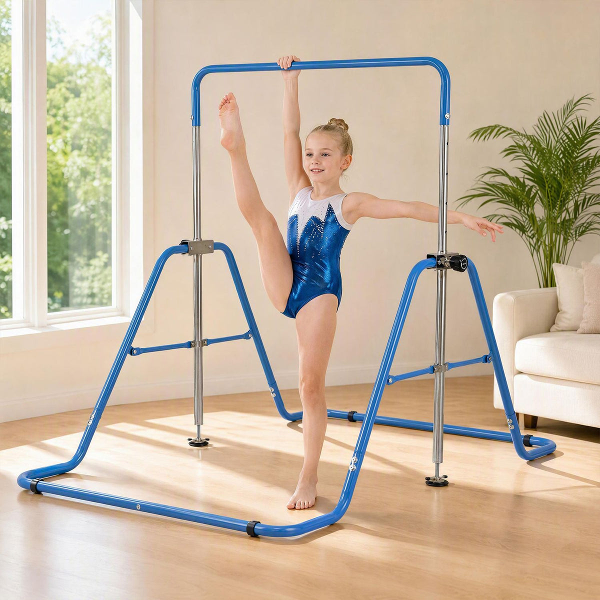 A child practices a balance pose beside a blue gymnastics bar in a bright living room.