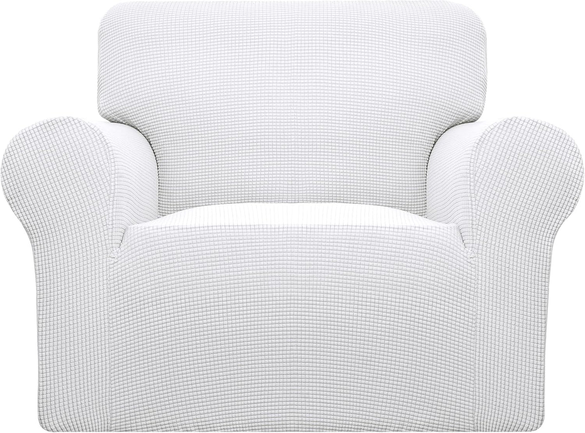 Front view of a single armchair covered in a bright white textured stretch slipcover, showing rounded arms and high back.