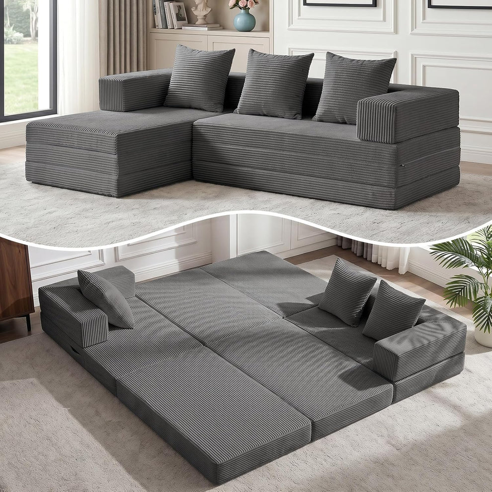 79" Modular Sectional Sofa, Boneless Convertible Sleeper Sofa Bed, Modern Tri-Folding Cloud Couch with L-Shape Chaise, Corduroy Futon for Living Room Small Spaces Apartment, No Assembly,Grey