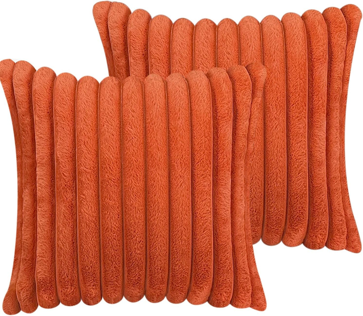 Two square faux-fur pillow covers in warm orange showing plush vertical padded ribs
