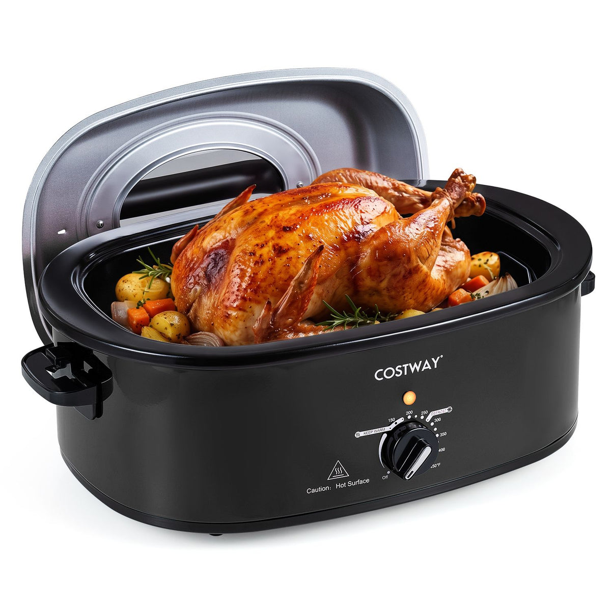 Black electric roaster with the silver lid propped open, showing a roasted turkey and vegetables inside.
