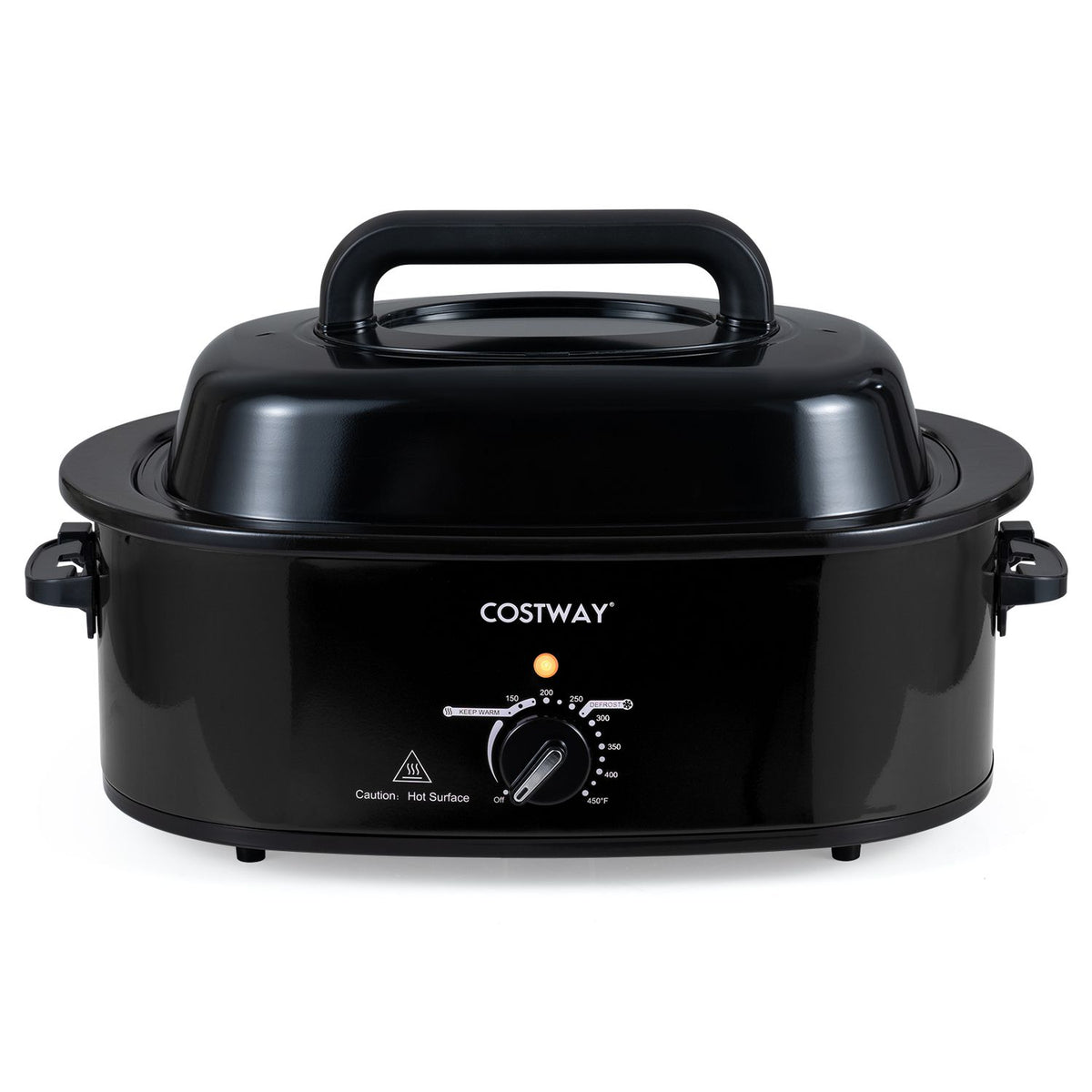 Black electric roaster shown closed, with a raised lid handle, side handles, and a temperature dial on the front.