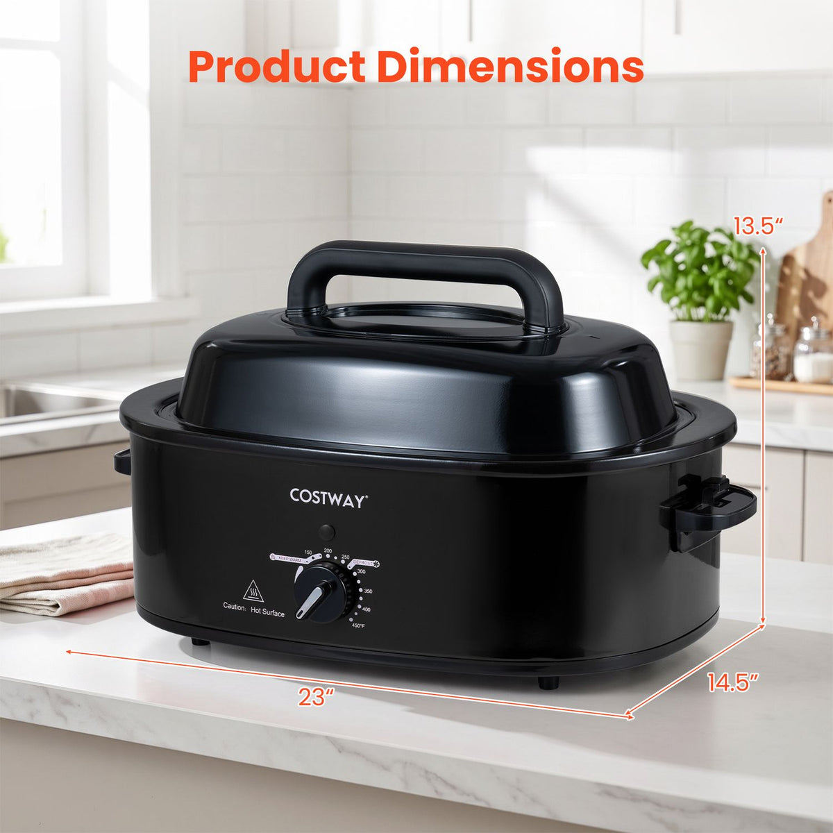 Black electric roaster shown on a kitchen counter with measurement lines indicating its height, width, and depth.