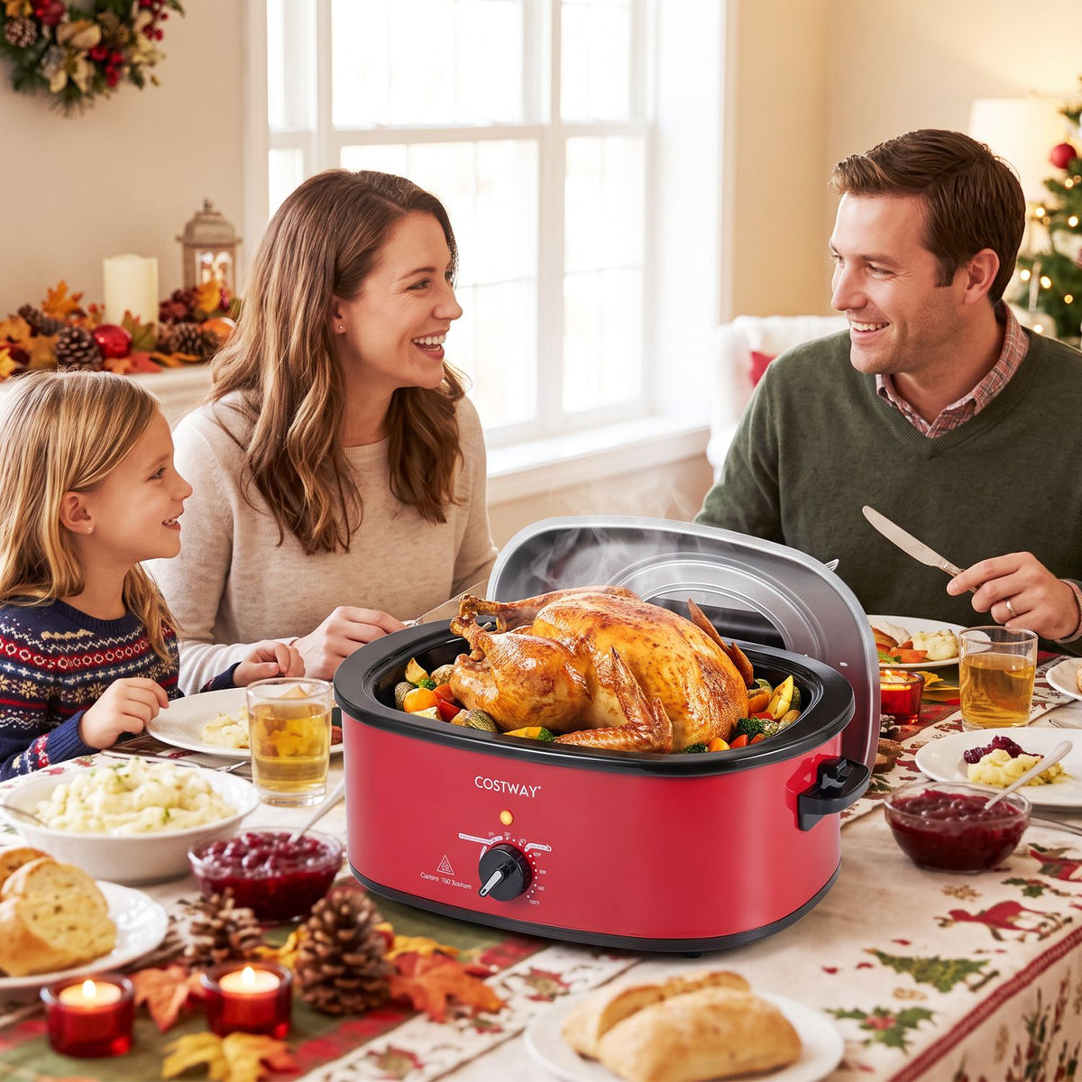 A family gathers around a red roaster oven holding a roast turkey and vegetables.