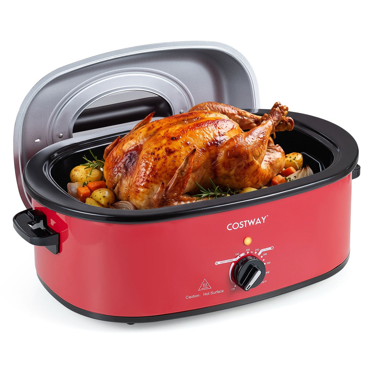 An open red roaster oven with its lid propped behind it, holding a roast turkey and vegetables.