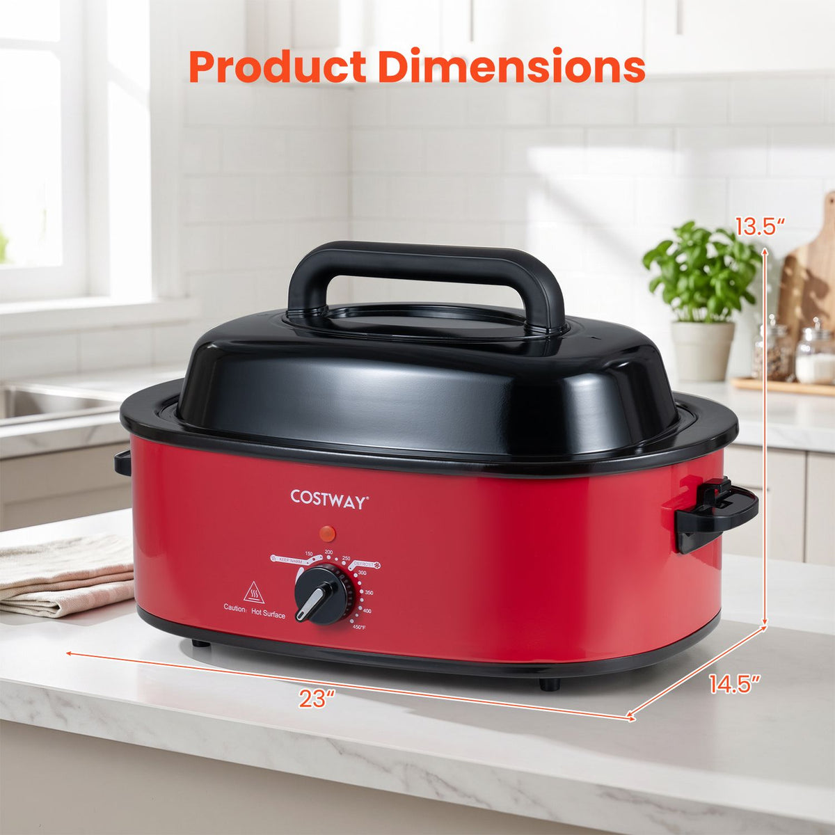 A red roaster oven with its lid closed, shown with measurement arrows around it.