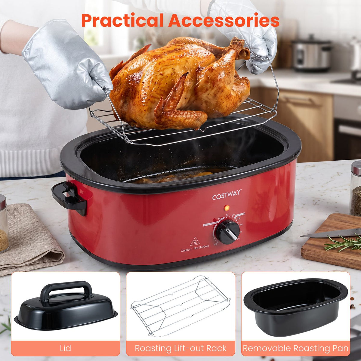 A turkey is lifted from the red roaster on a wire rack; lid and pan accessories are pictured below.