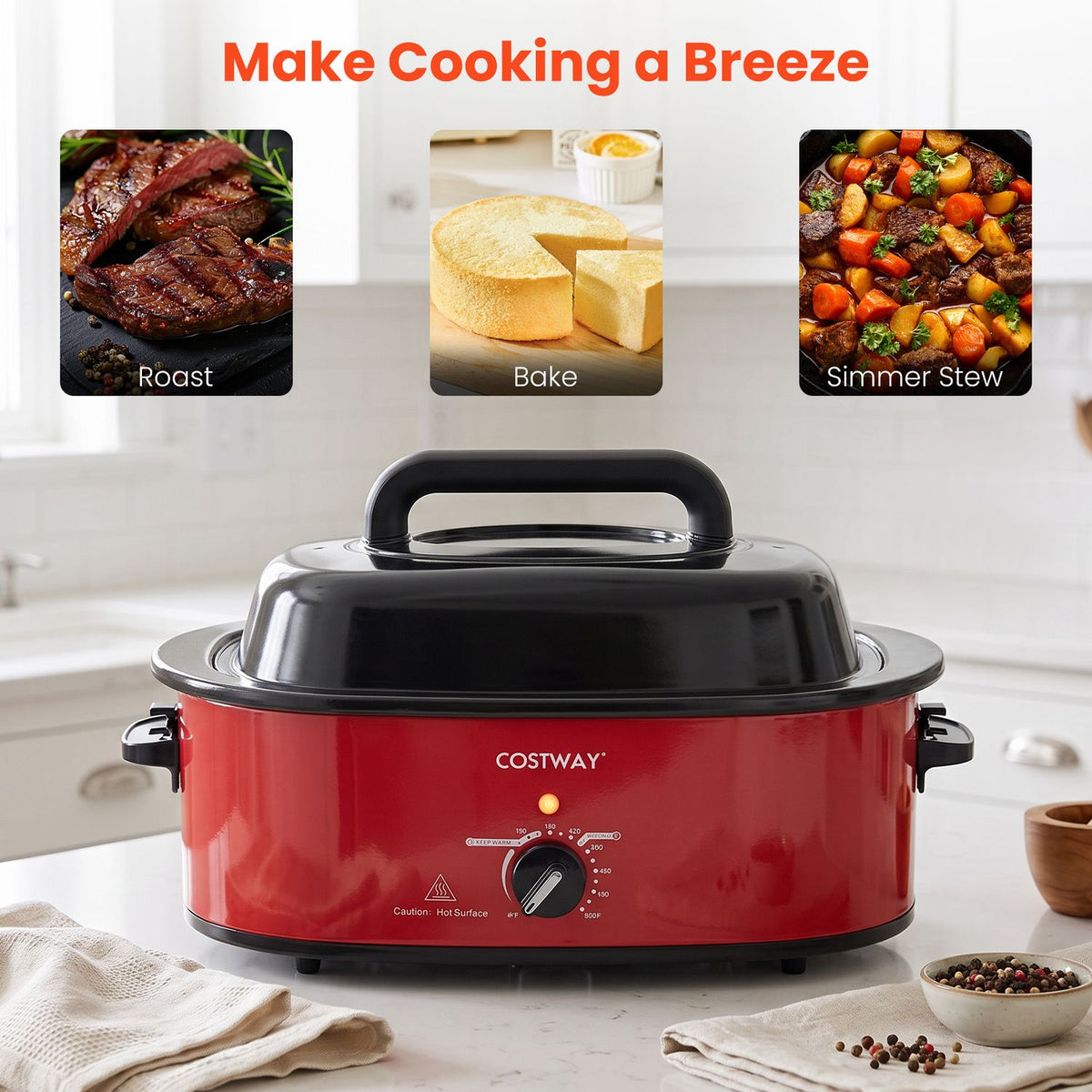 A red roaster oven with its black lid closed, shown beneath images of roast, cake, and stew.