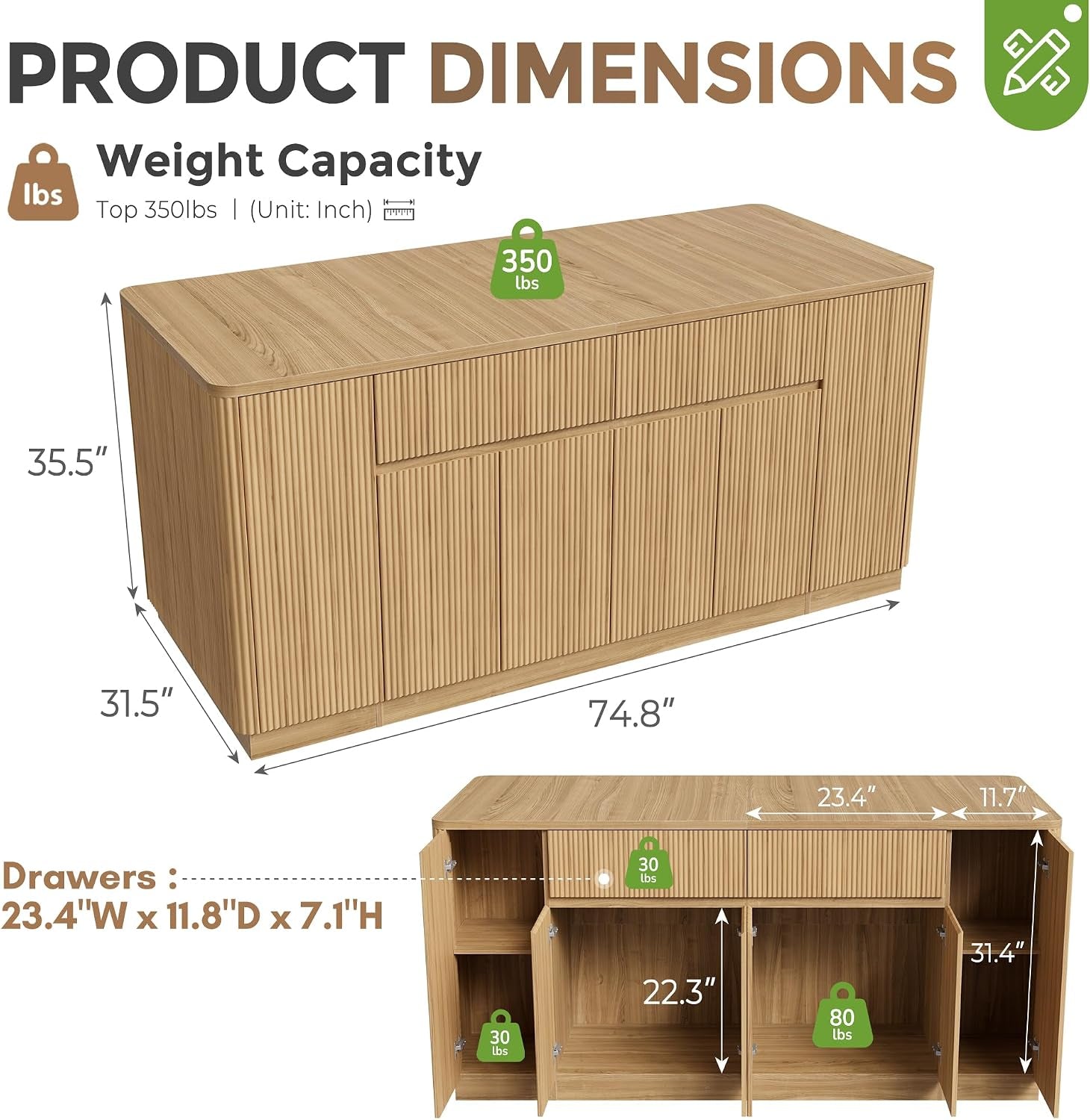 Diagram of the kitchen island showing dimensions, drawers and interior storage layout on white background