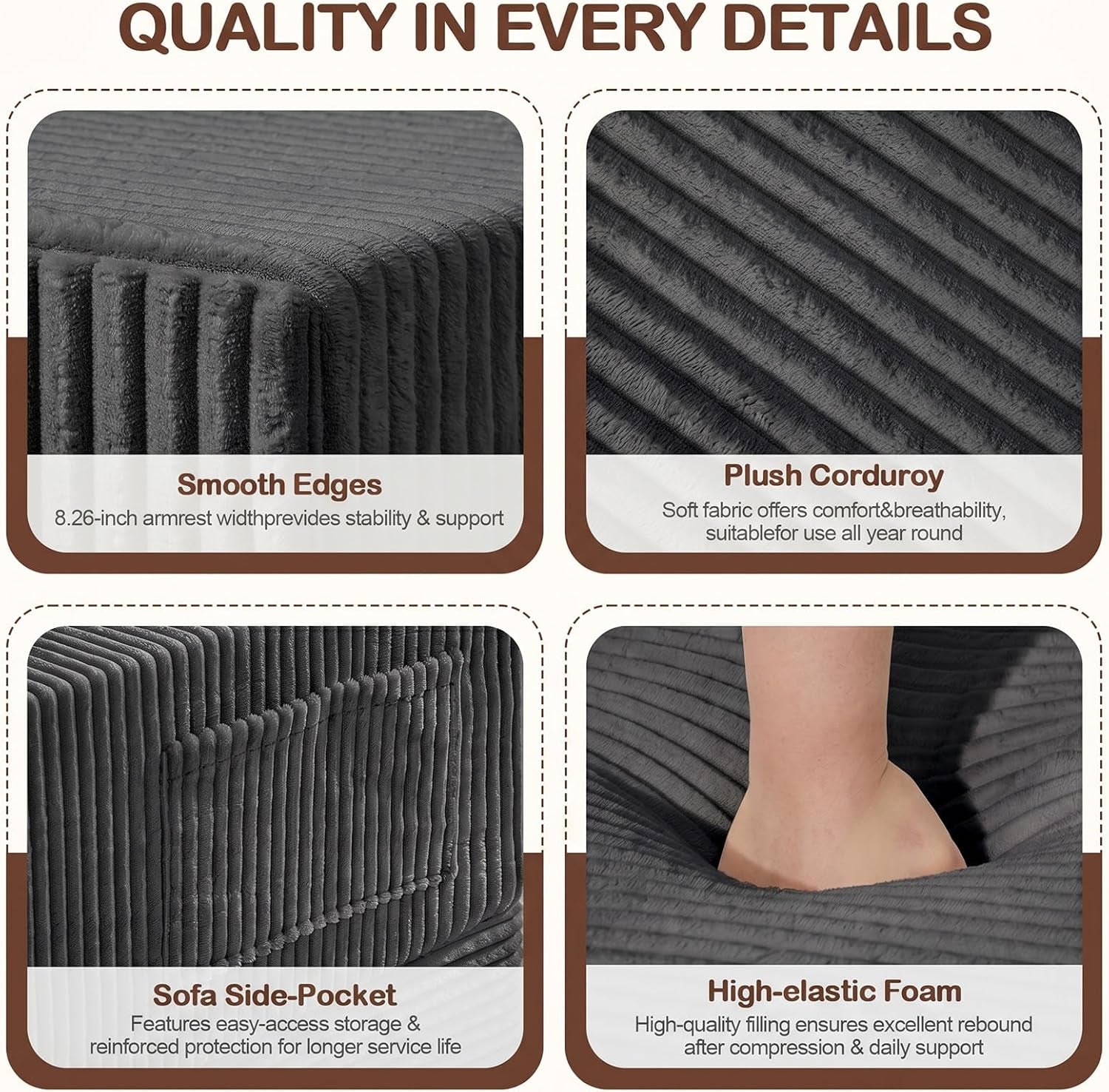 Close-up detail panels showing ribbed corduroy texture, armrest, side pocket and high-elastic foam rebound