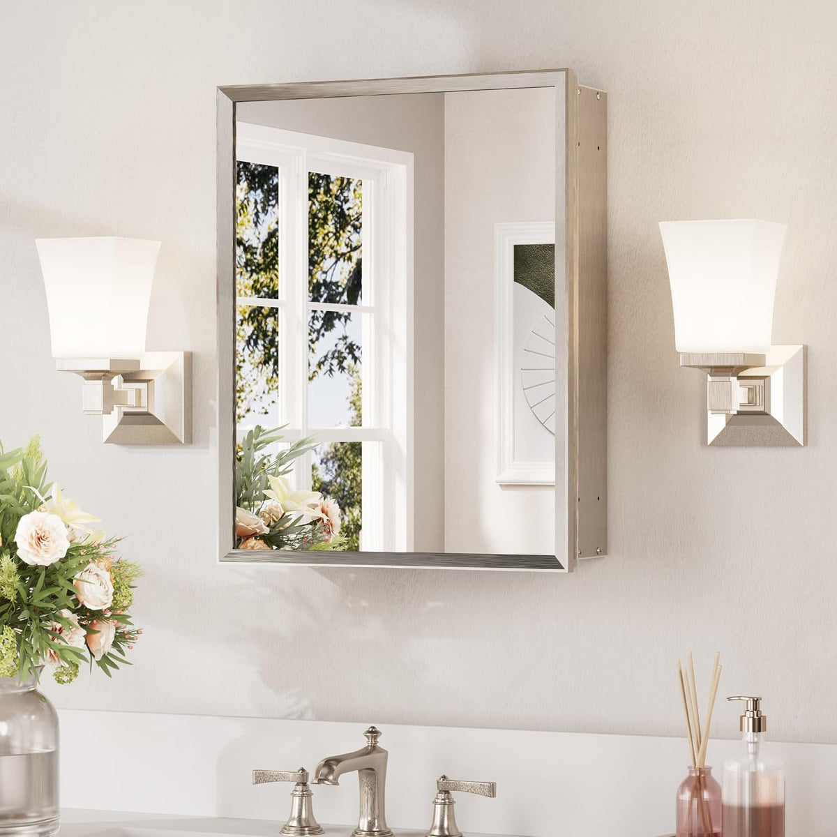 Silver-framed rectangular medicine cabinet mounted on wall between two sconces above a bathroom sink.