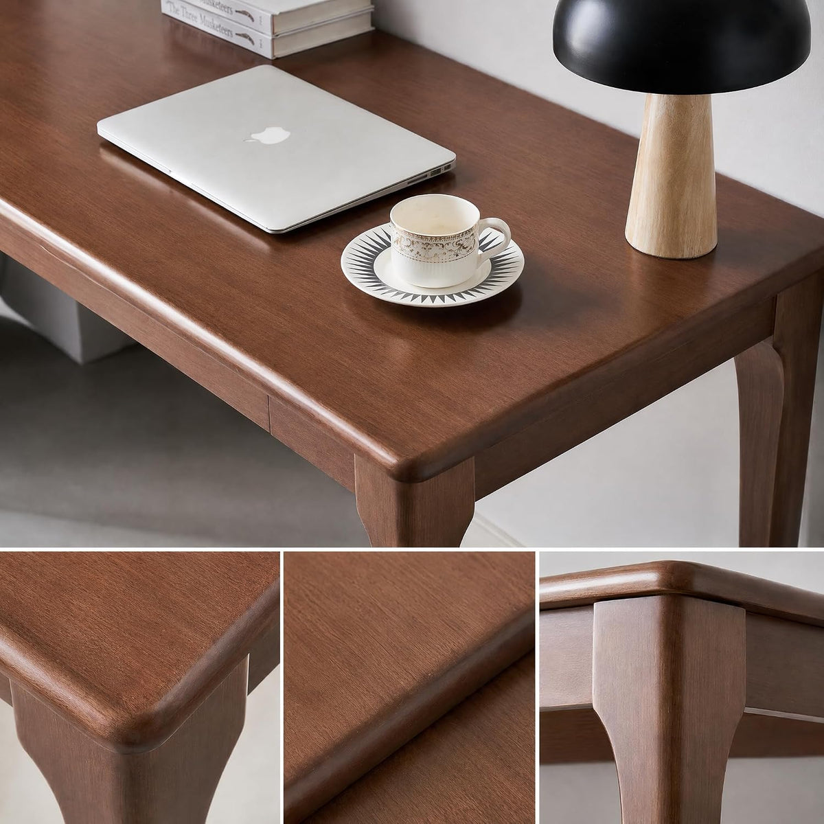 Close-up of desk top and rounded corner showing walnut finish and smooth surface