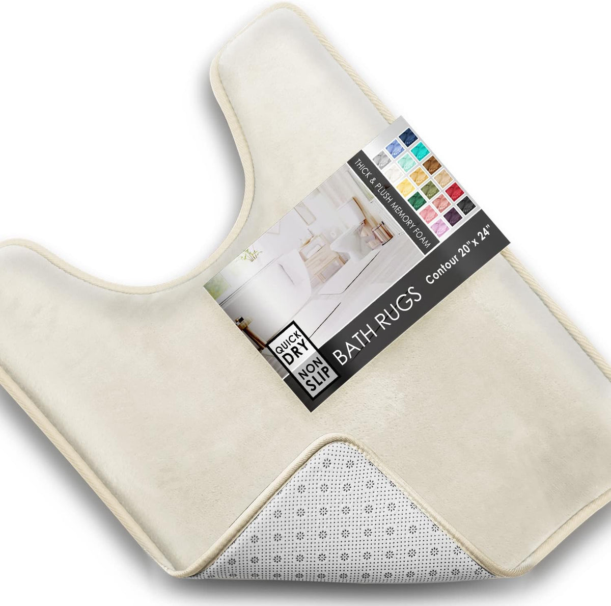 Top-down view of a cream U-shaped contour bath mat with its corner peeled to reveal the dotted non-slip underside.