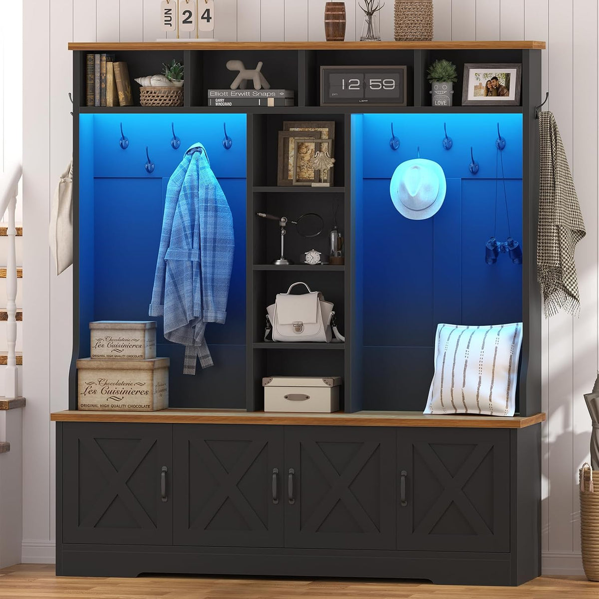 Dark gray full-width hall tree showing four lower cabinet doors and central vertical cubby shelving with handbag.