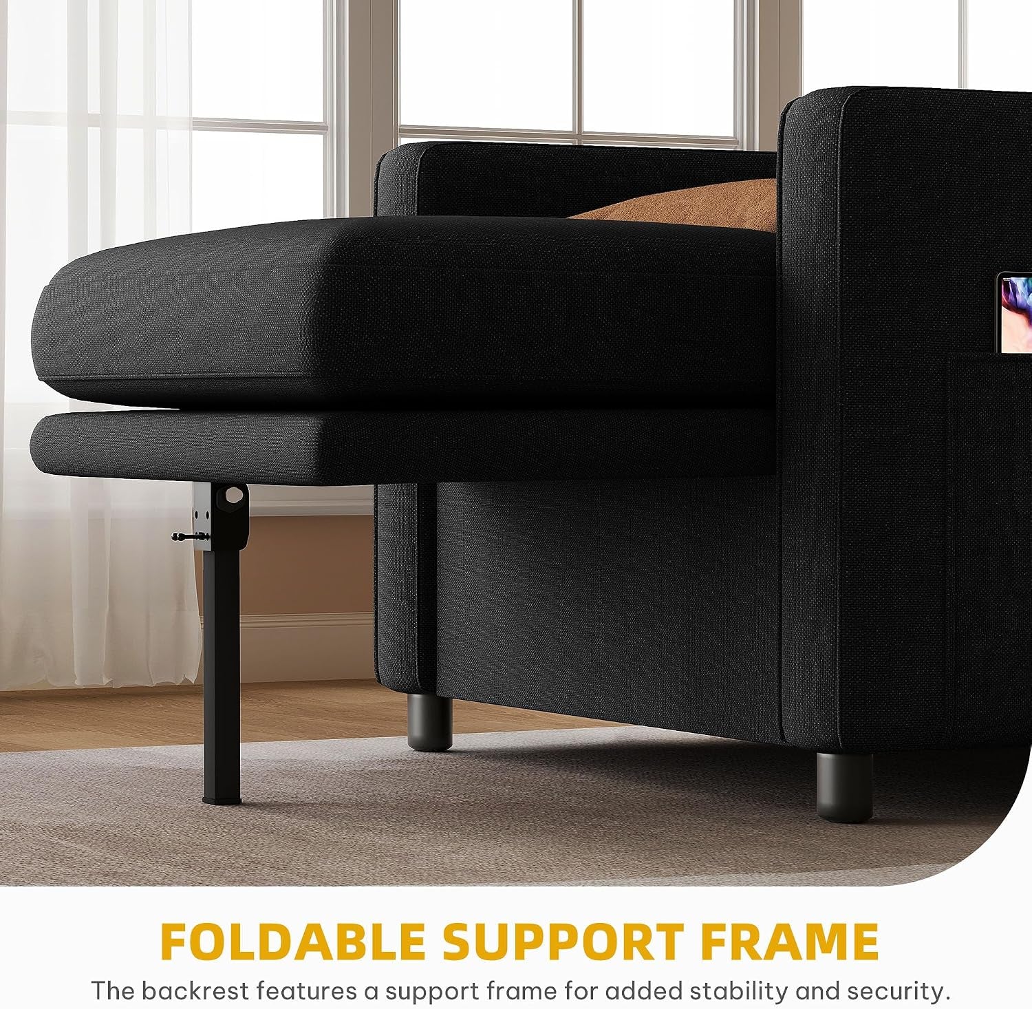 Side profile of the chair with the pull-out bed partially extended and a metal support leg visible.