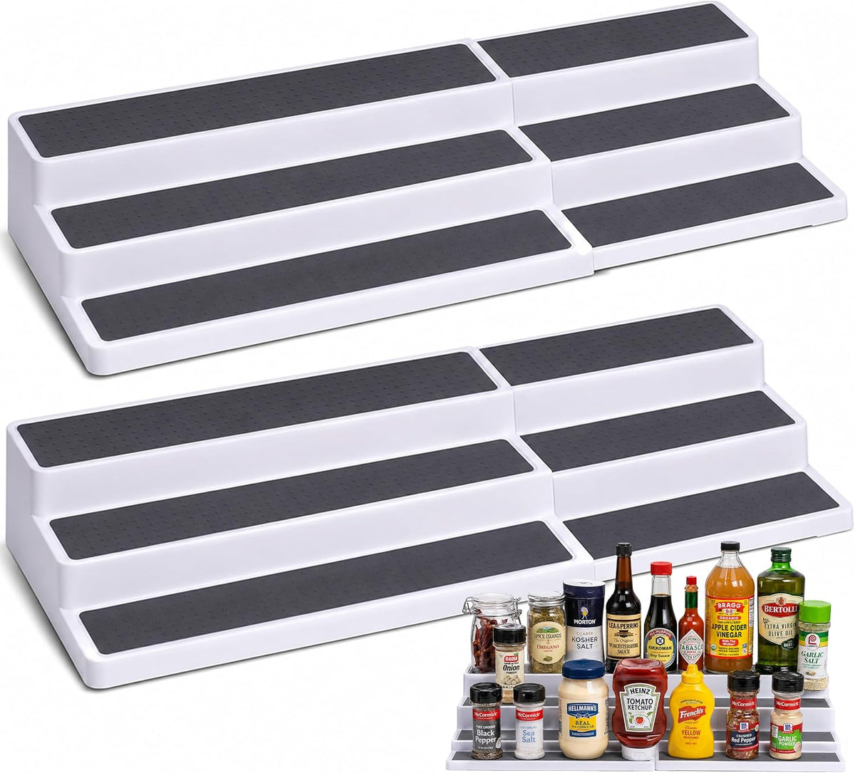 Pair of white 3-tier racks displayed with assorted spice jars and bottles in front on a white background