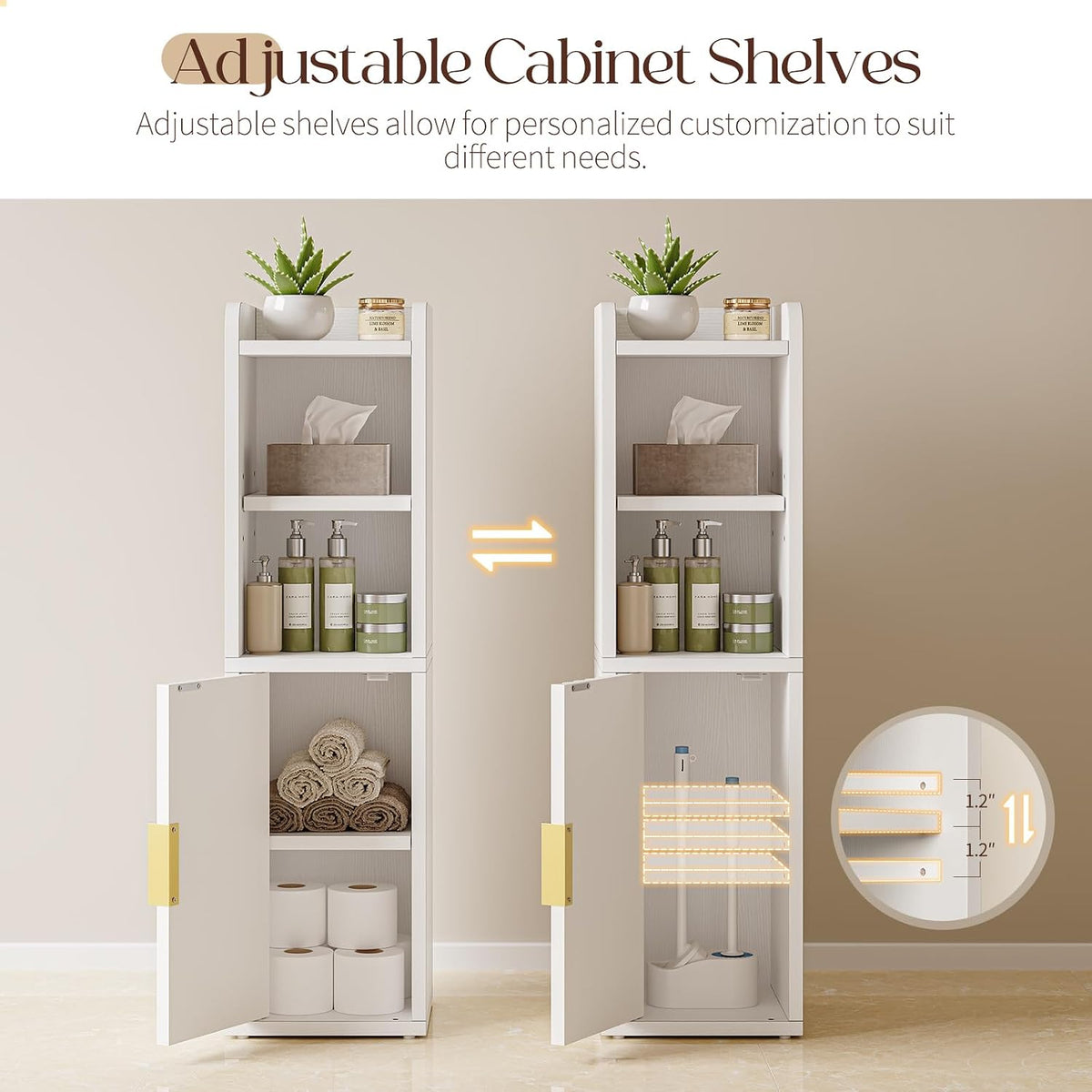 Two white cabinets illustrating adjustable shelf positions with overlay showing three height increments