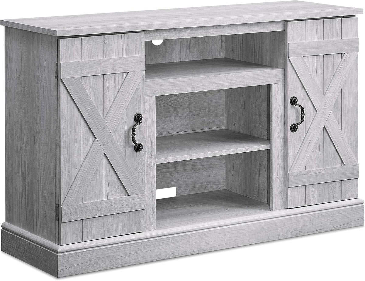 Close three-quarter product shot of the stand showing open center shelving and X-panel cabinet doors
