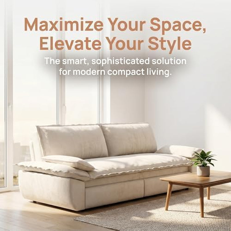 Beige sofa in sunlit room shown as a compact couch with low profile and arm cushions