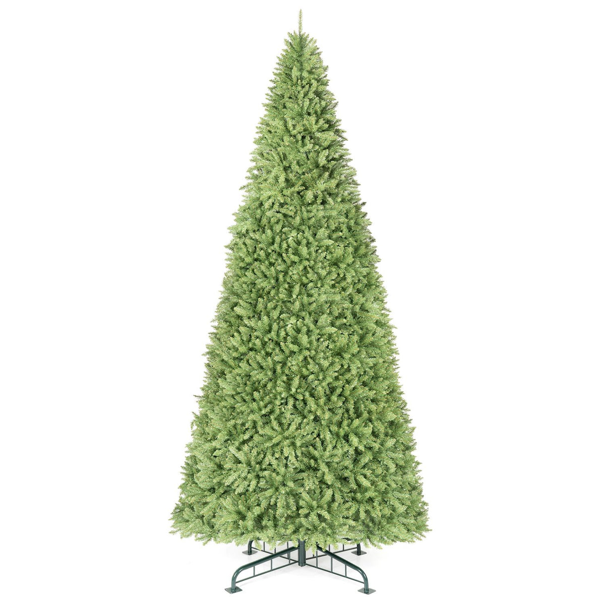 Tall, full green artificial Christmas tree standing on a dark metal base against a white background.