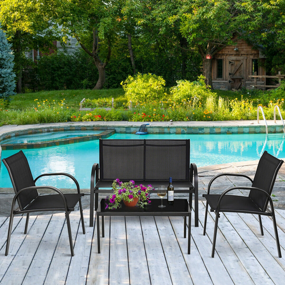 4 Pieces Patio Furniture Set with Glass Top Coffee Table, Black
