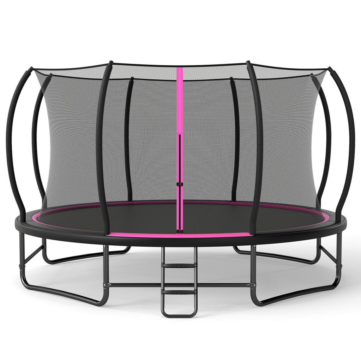 A black round trampoline with a tall safety net and front ladder shown against a plain white background.