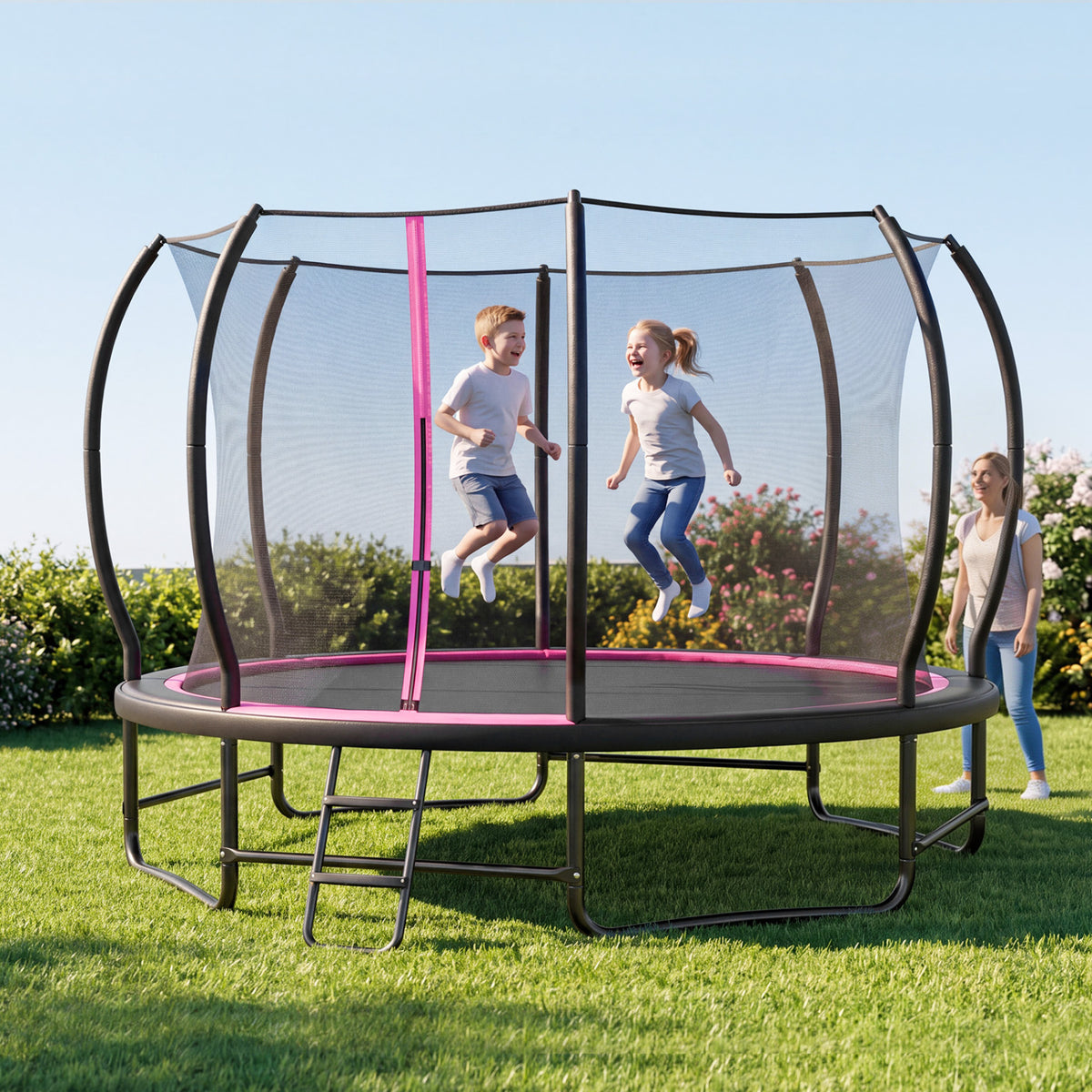 Two children bounce inside a black trampoline with pink trim as an adult watches on the lawn.