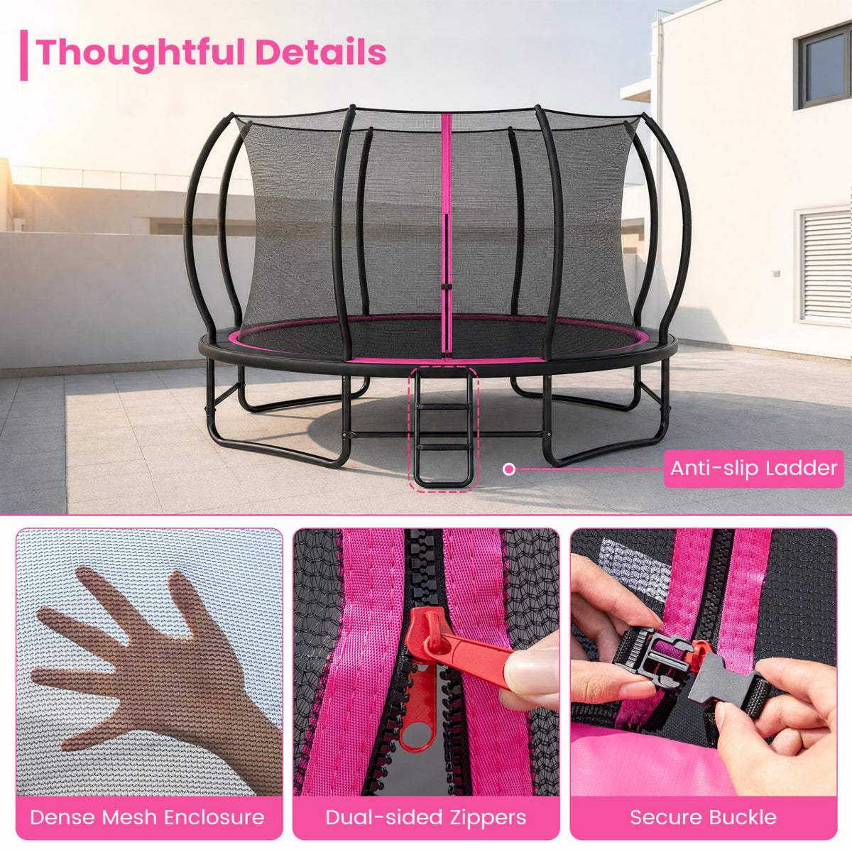 A black trampoline with a mesh enclosure and front ladder, with close-ups of its mesh, zippers, and buckle below.