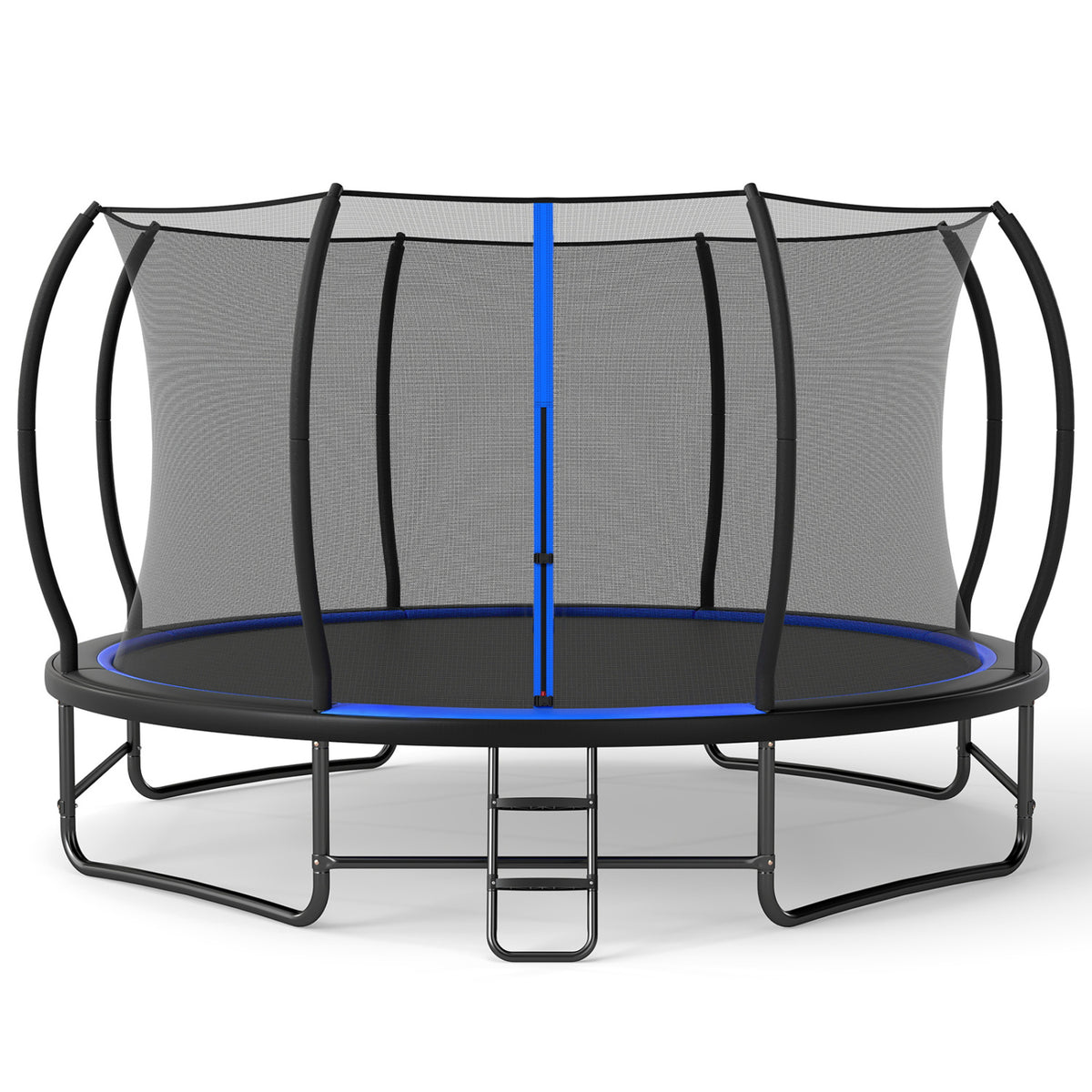 A round trampoline with a black safety enclosure, blue trim, curved support poles, and a front ladder.