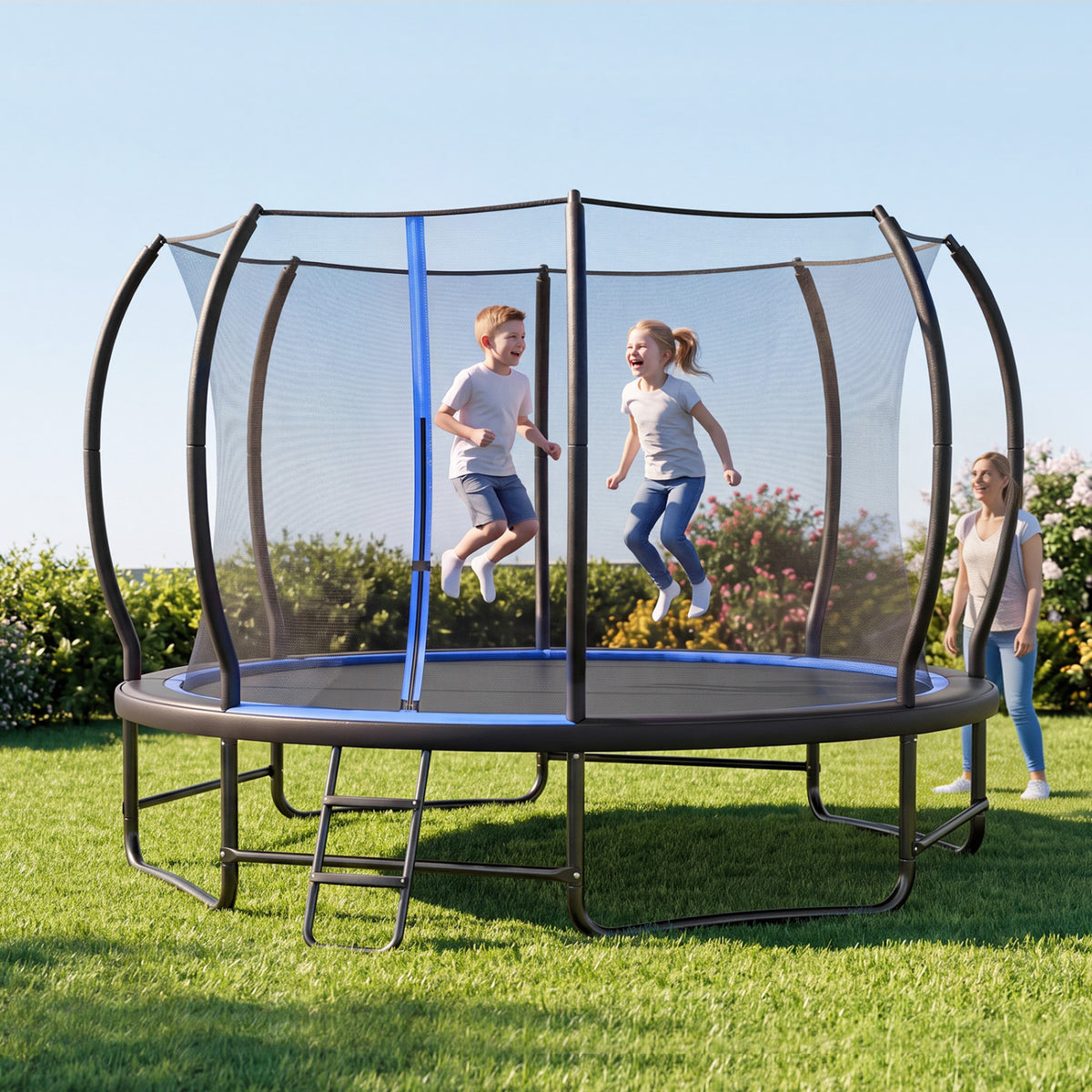 Children bouncing inside a safety-net trampoline on a sunny lawn, with an adult standing nearby.