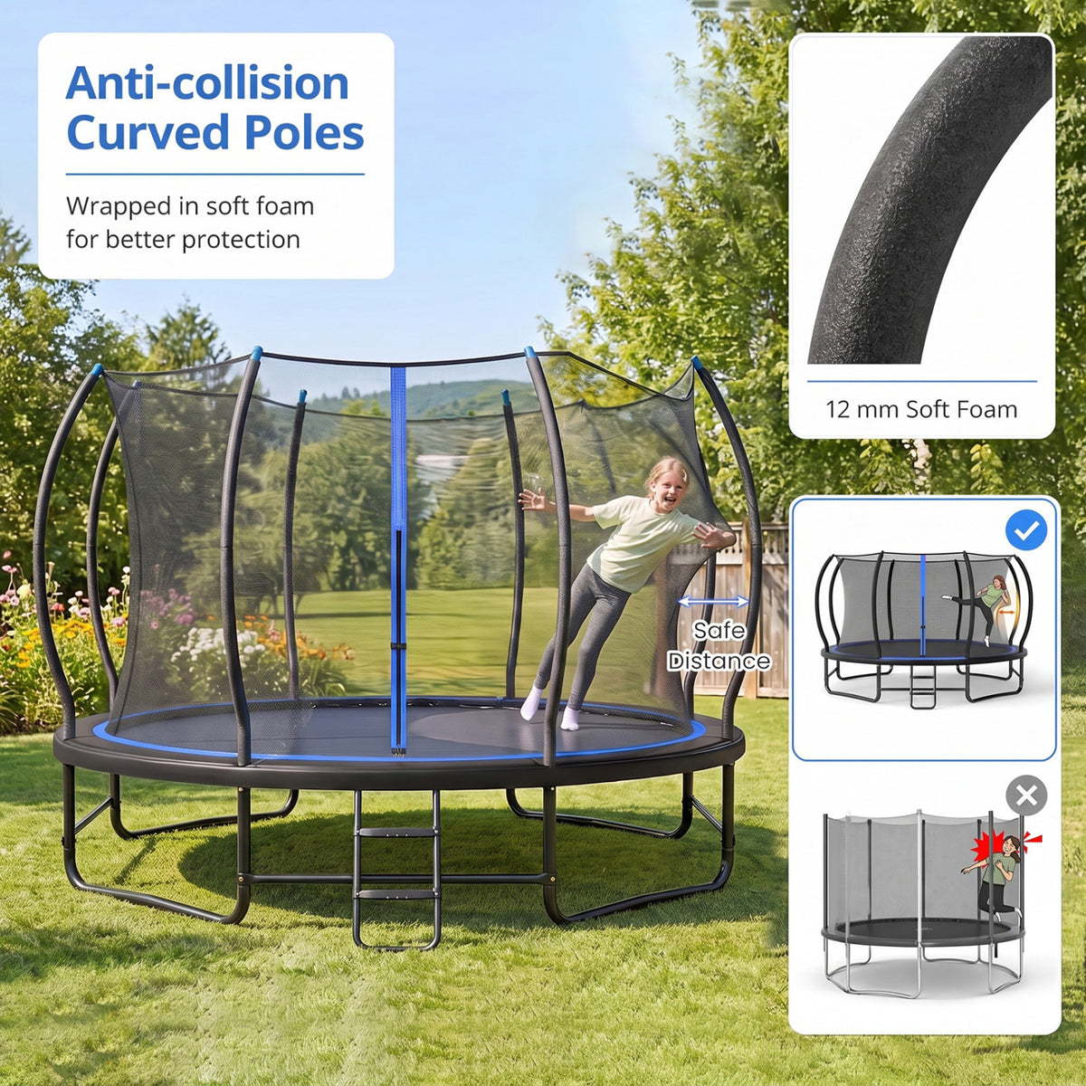 A child jumps inside a backyard trampoline with a safety net and curved support poles; foam padding is shown in an inset.